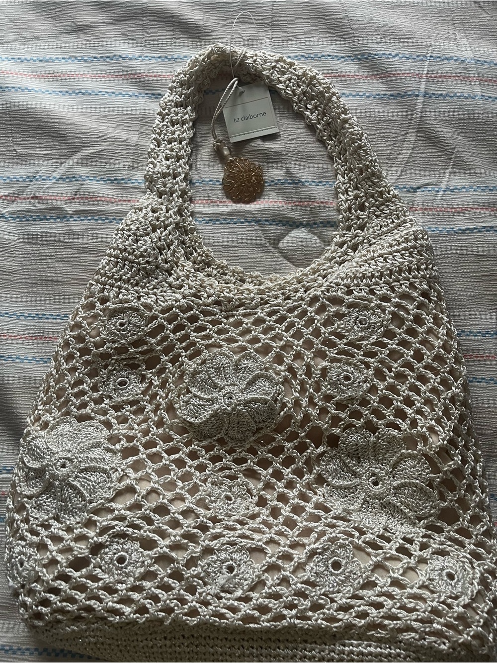 Liz Claiborne Cream Crochet Floral Tote